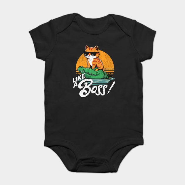 Like a Boss T-Shirt: Cat Riding Crocodile - Humorous Animal Boss Tee Baby Bodysuit by Designed By Marty